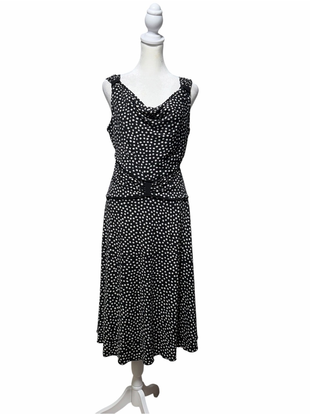 En Focus Petite Black White Polka Dot Cowl Neck Belted Midi Dress 8P